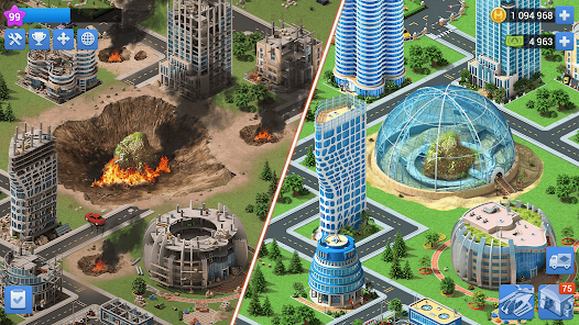 Snímek ze hry Megapolis — moderní mrakodrapy